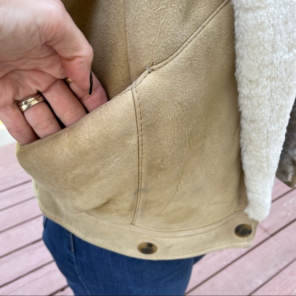 Vintage retro suede & wool shearling open front snap hem jacket coat Small - Picture 3 of 13